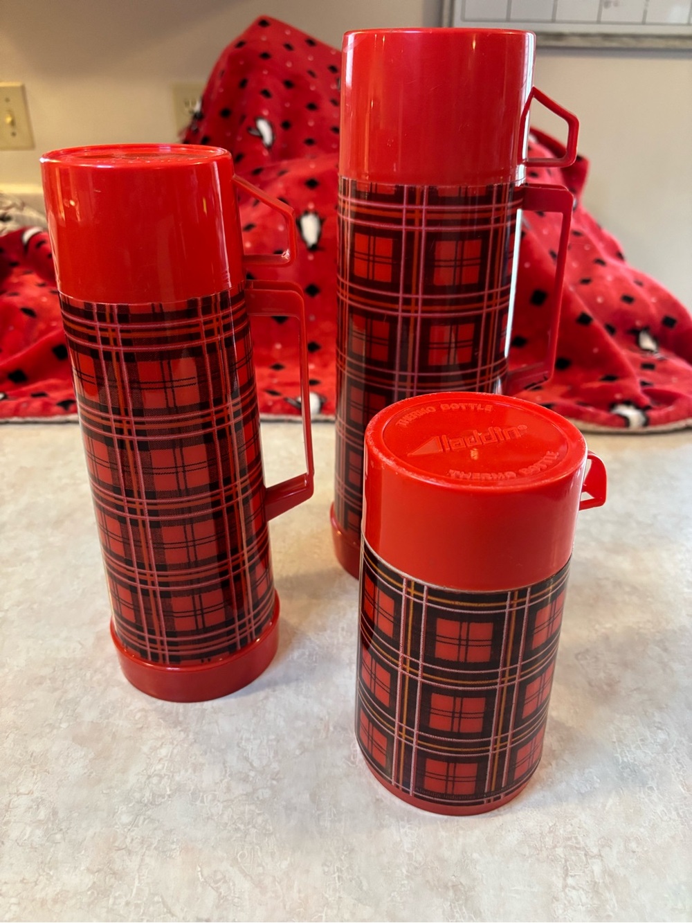 Vintage Aladdin Red Plaid Insulated Thermos Set - 3 Piece